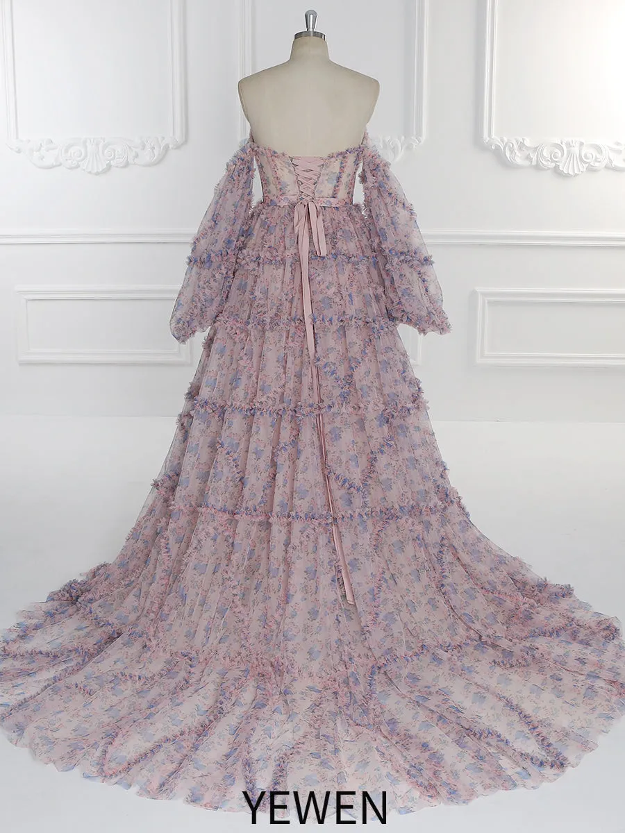 Elegant Floral Tulle Maxi Dress with Sleeves Woman Photoshoot Dress YW231086