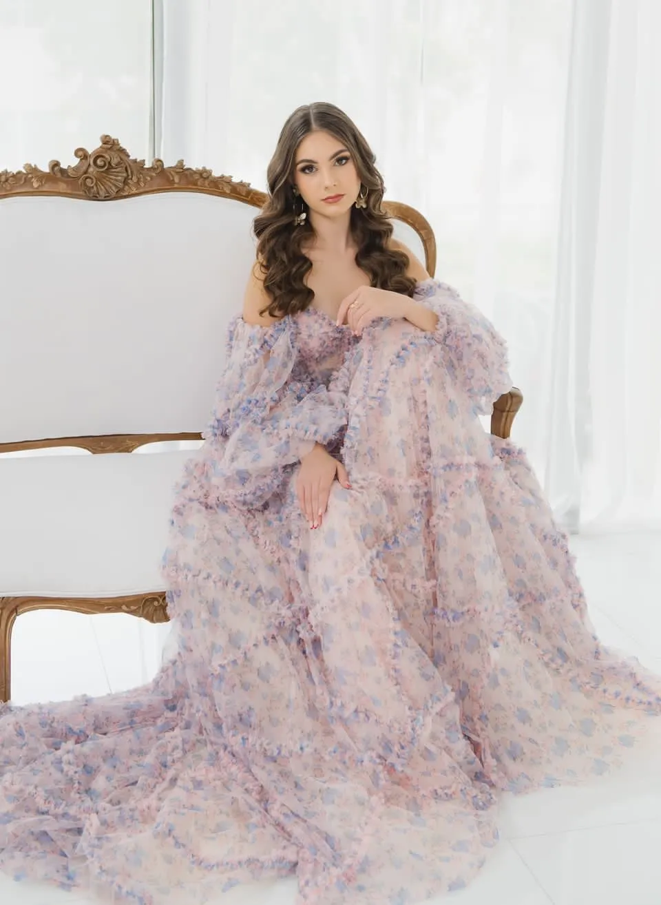 Elegant Floral Tulle Maxi Dress with Sleeves Woman Photoshoot Dress YW231086