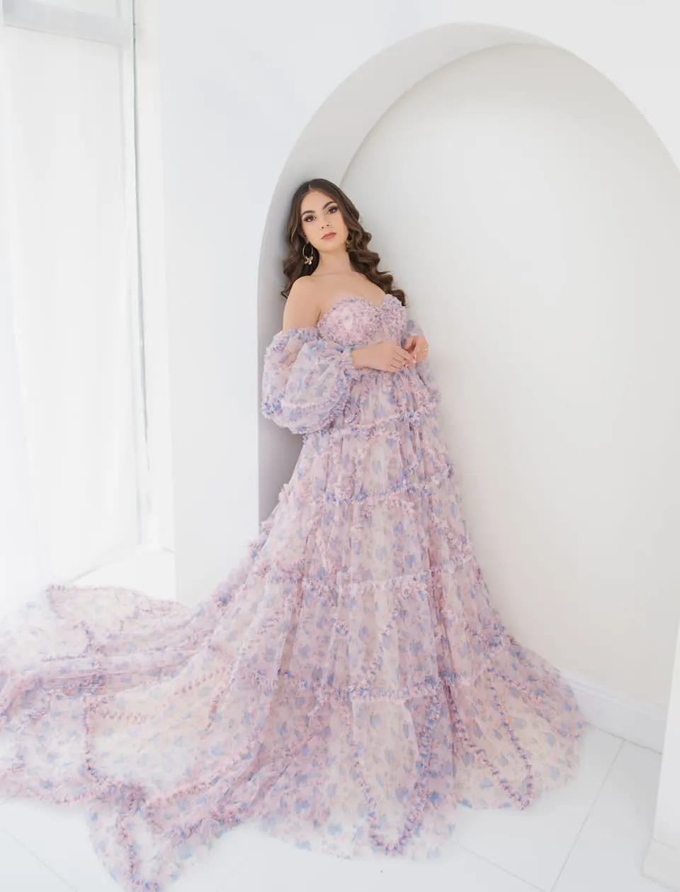 Elegant Floral Tulle Maxi Dress with Sleeves Woman Photoshoot Dress YW231086