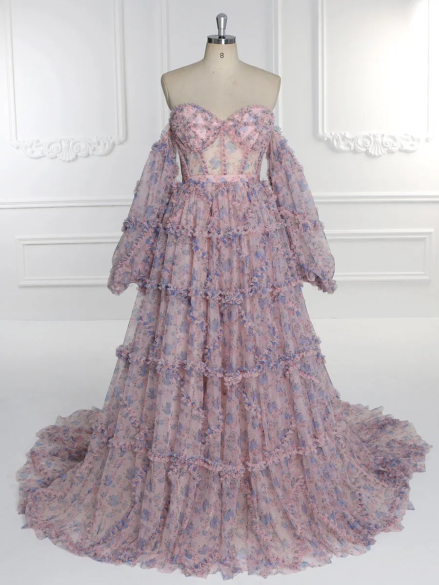 Elegant Floral Tulle Maxi Dress with Sleeves Woman Photoshoot Dress YW231086