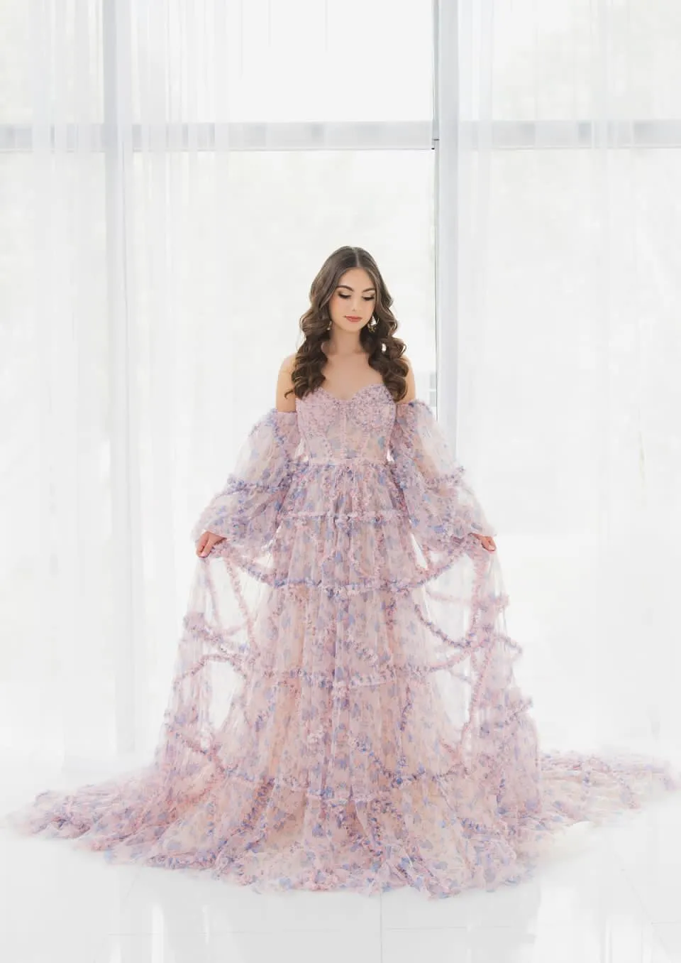 Elegant Floral Tulle Maxi Dress with Sleeves Woman Photoshoot Dress YW231086