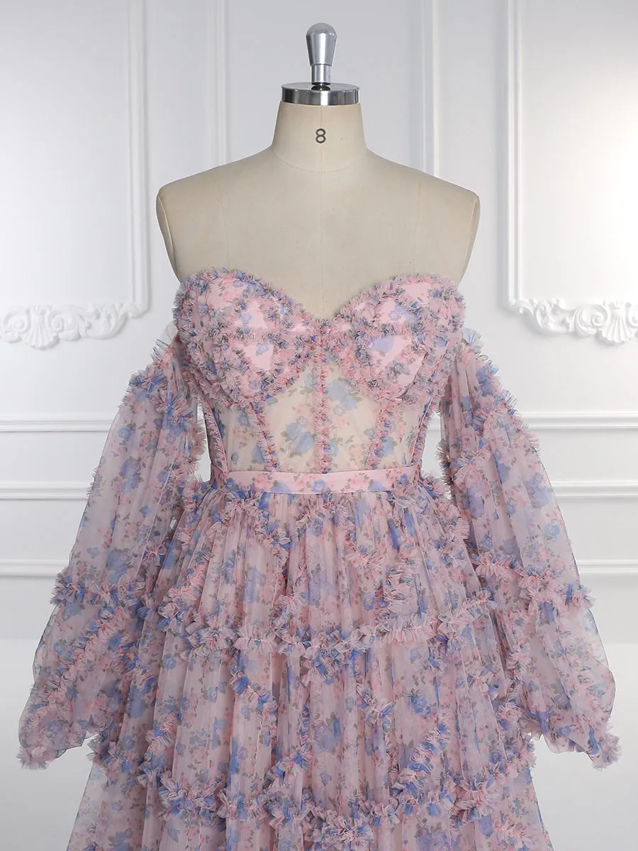 Elegant Floral Tulle Maxi Dress with Sleeves Woman Photoshoot Dress YW231086