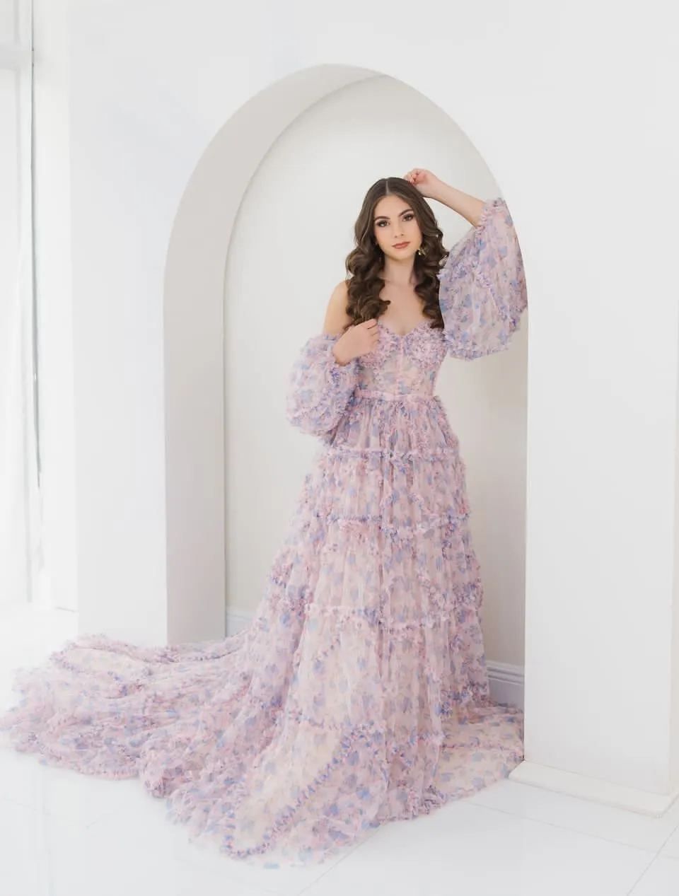 Elegant Floral Tulle Maxi Dress with Sleeves Woman Photoshoot Dress YW231086