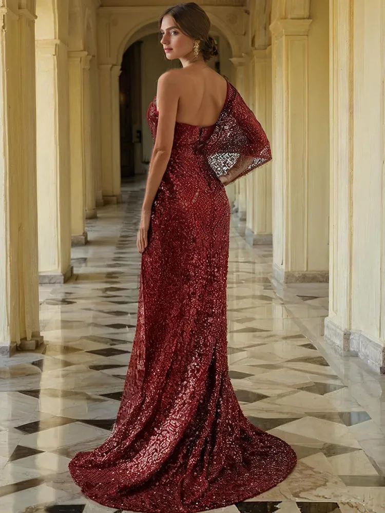 Elegant One Shoulder A Line Sequins Long Prom Dress with High Slit