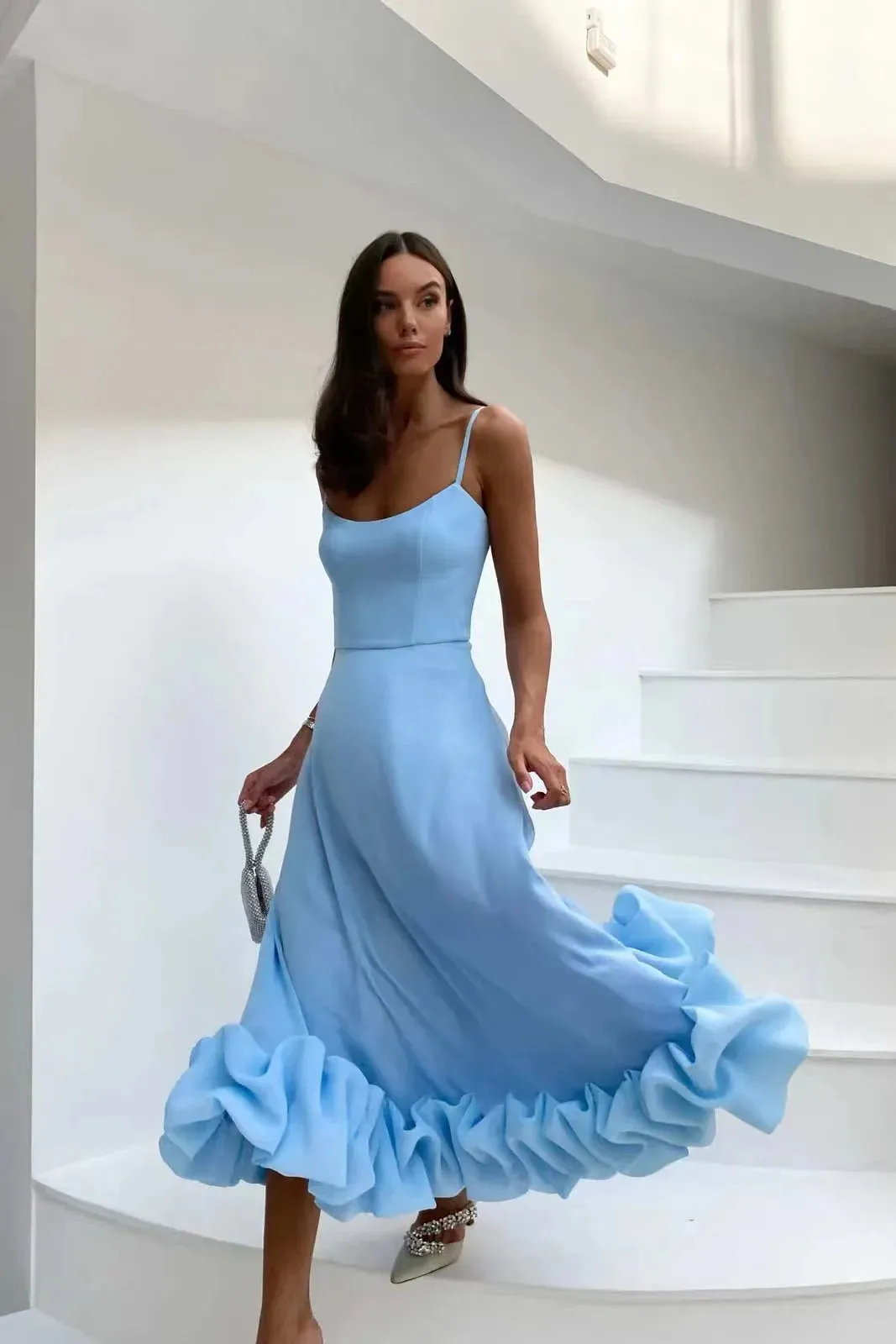 Elegant Ruffle Solid Long Dress Spaghetti Strap Party Dresses Strap Waist Sleeveless Backless Beach Swing Skirt A-line Tutu