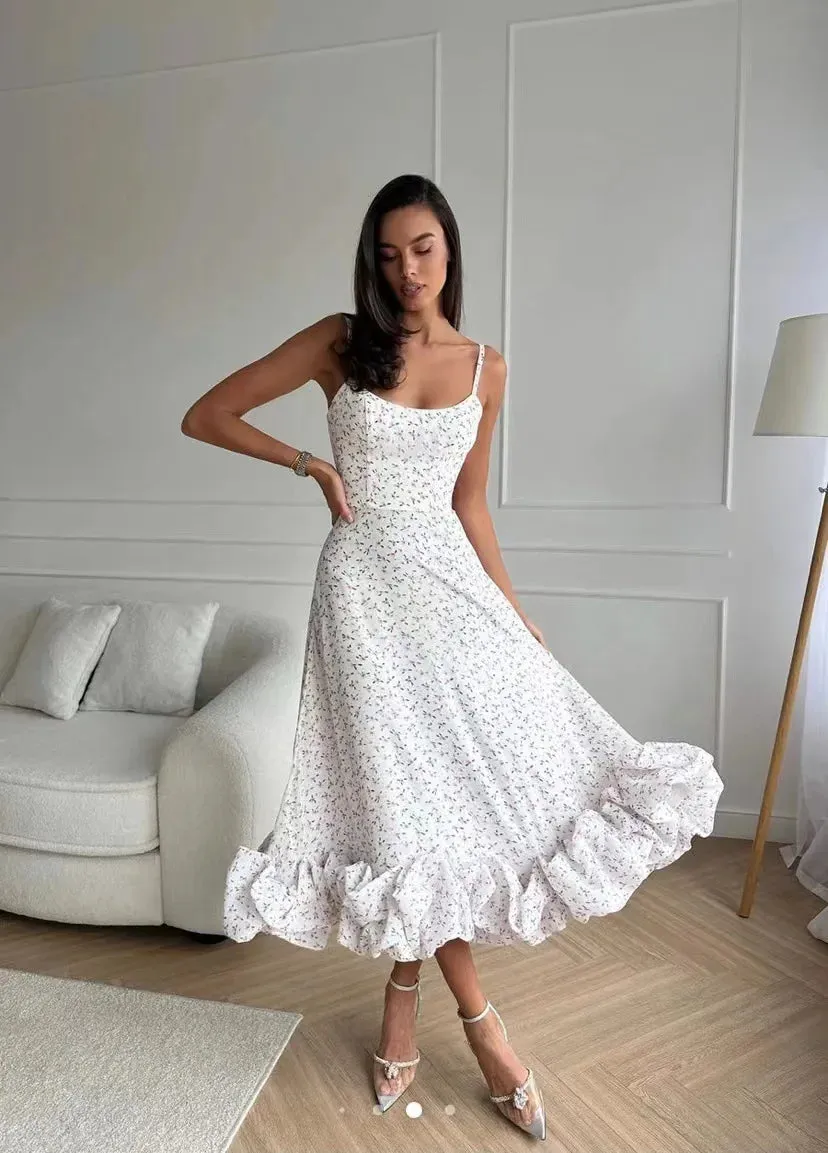 Elegant Ruffle Solid Long Dress Spaghetti Strap Party Dresses Strap Waist Sleeveless Backless Beach Swing Skirt A-line Tutu