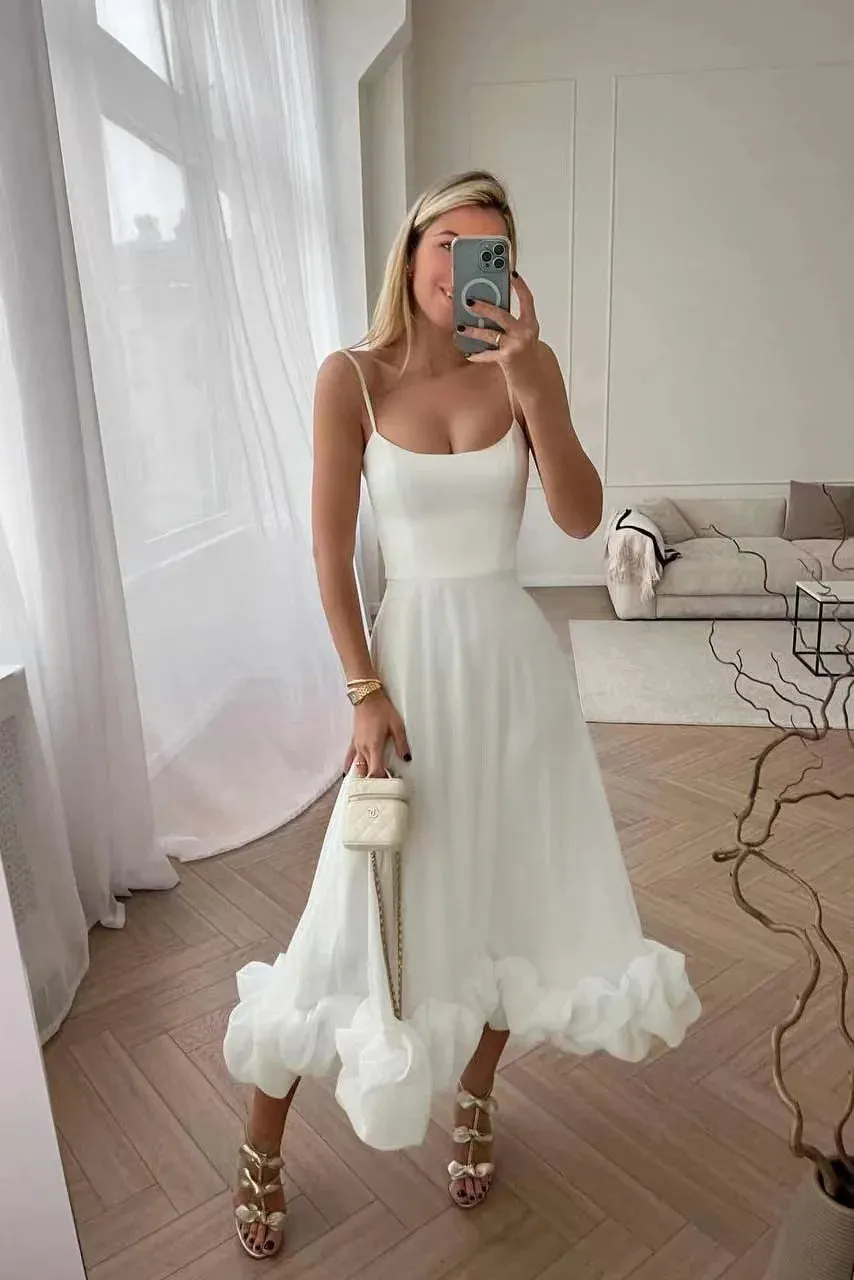 Elegant Ruffle Solid Long Dress Spaghetti Strap Party Dresses Strap Waist Sleeveless Backless Beach Swing Skirt A-line Tutu
