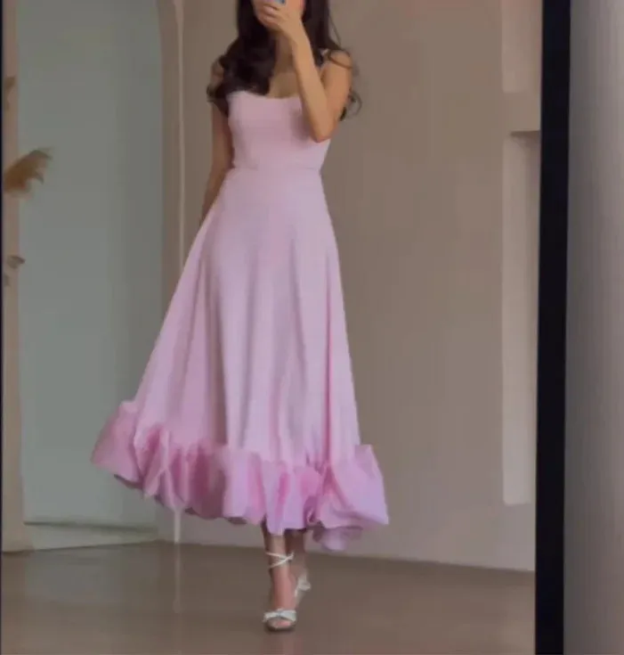 Elegant Ruffle Solid Long Dress Spaghetti Strap Party Dresses Strap Waist Sleeveless Backless Beach Swing Skirt A-line Tutu