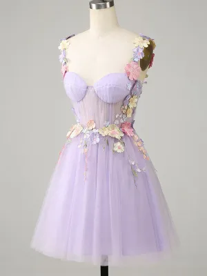 Elegant Spaghetti Straps A-line Short Tulle Flowers Homecoming Dresses Online, HD0741