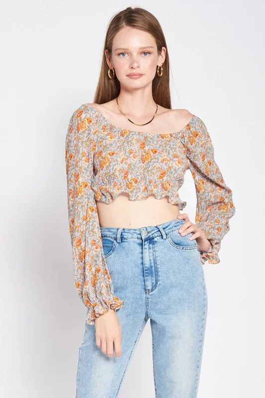 Emory Park SCOOP NECK FLORAL TOP WITH RUFFLE DETAIL