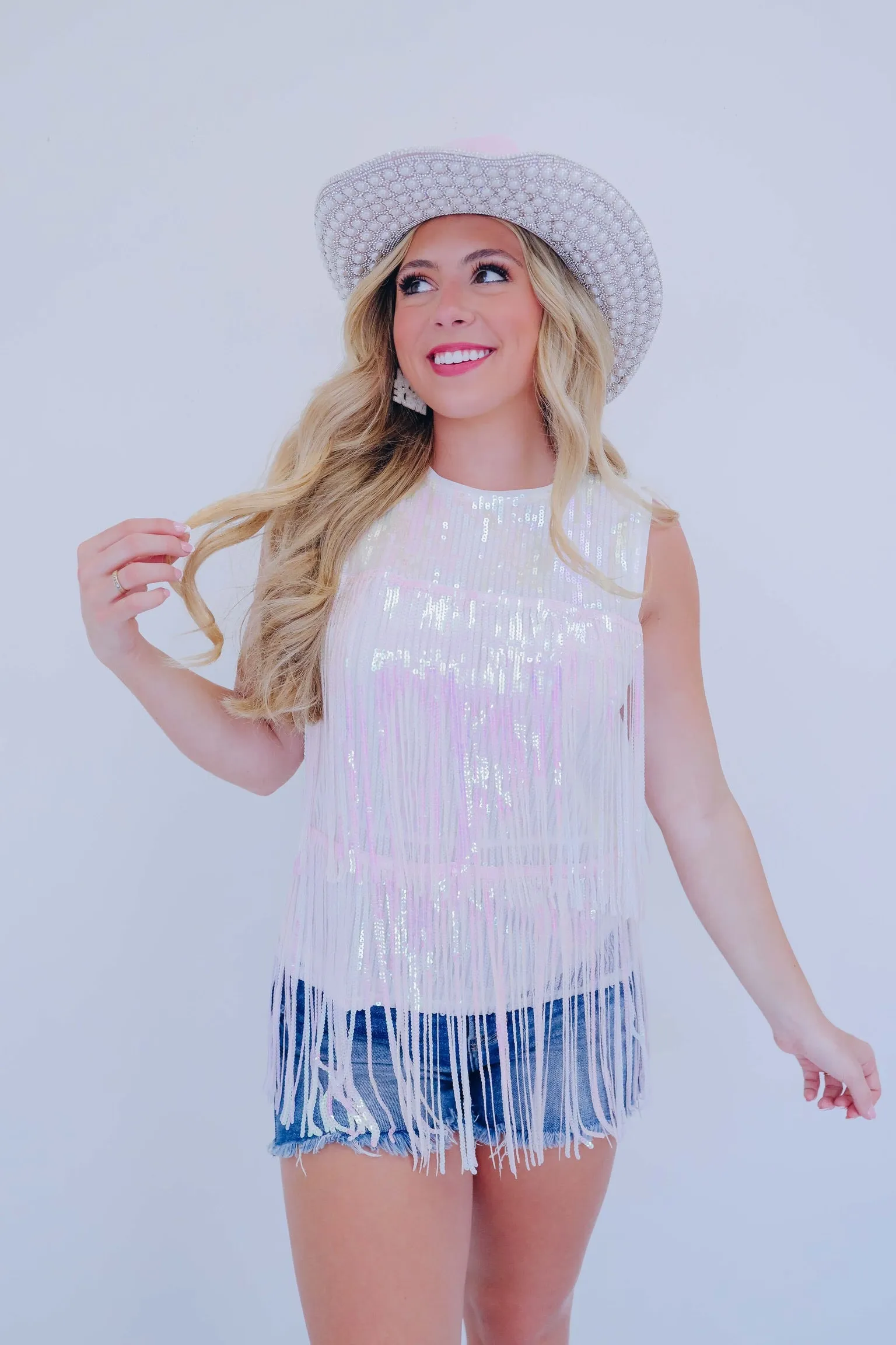 Fanci Fringe Sequin Top - White