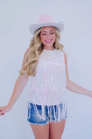 Fanci Fringe Sequin Top - White
