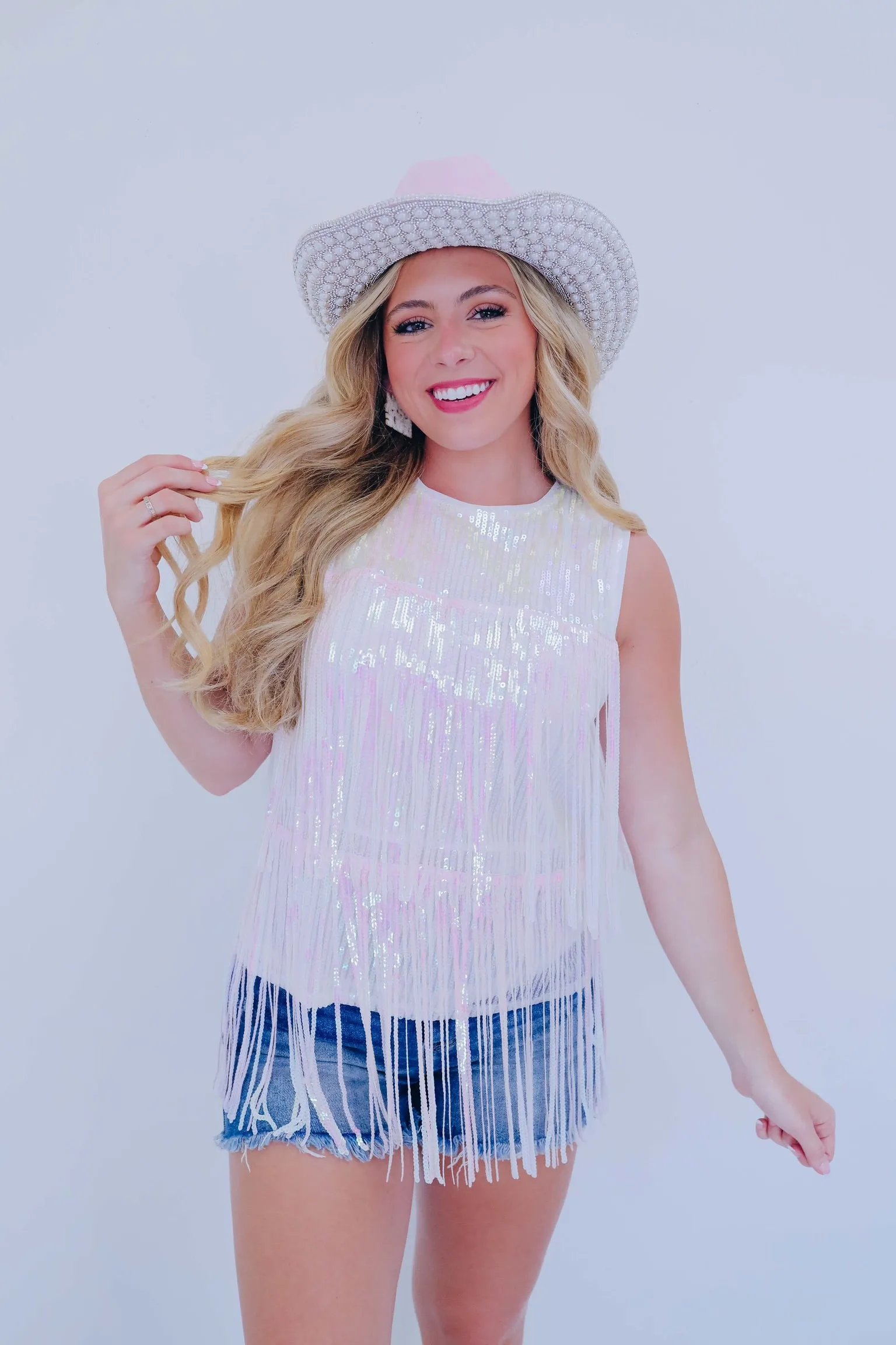 Fanci Fringe Sequin Top - White