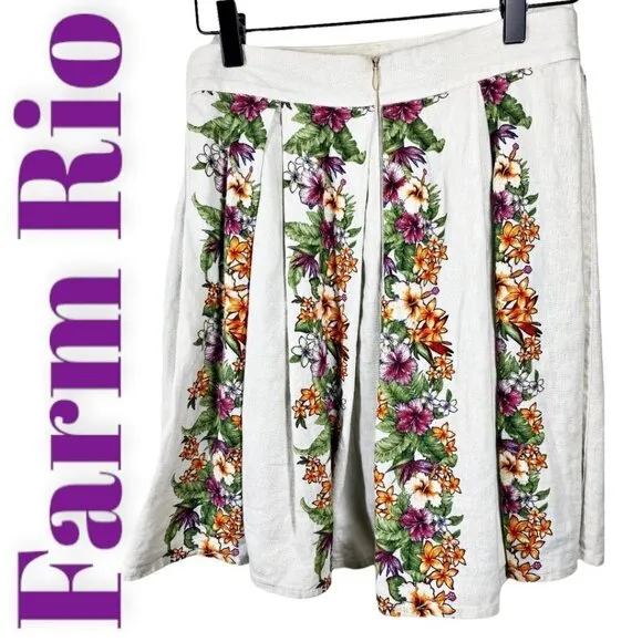 FARM RIO Pleated Floral A-Line Linen Skirt, Size 4P