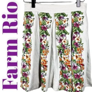 FARM RIO Pleated Floral A-Line Linen Skirt, Size 4P