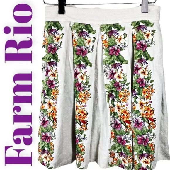 FARM RIO Pleated Floral A-Line Linen Skirt, Size 4P