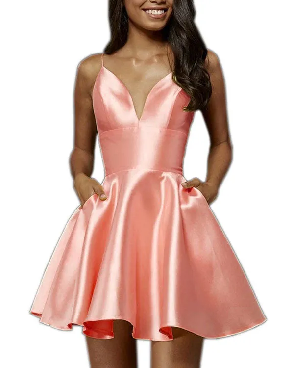 Fashion 2018 Fuchsia Satin Cocktail Dresses V-Neck Short Homecoming Dresses Party Gowns