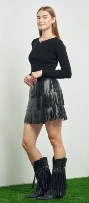 Faux Leather Fringe Mini Skirt