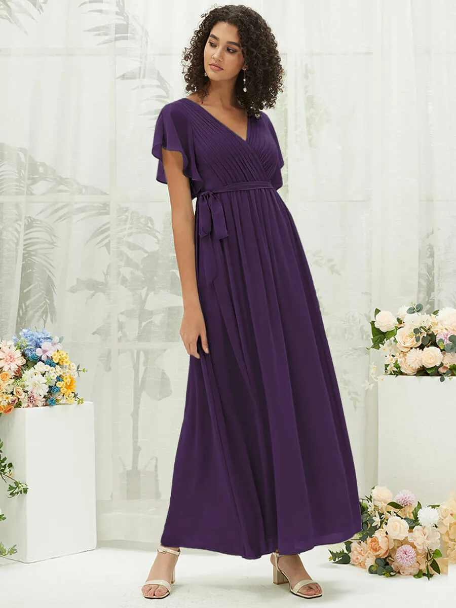[Final Sale] Dark Purple Short Sleeves Floor Length Silky Chiffon Bridesmaid Dress