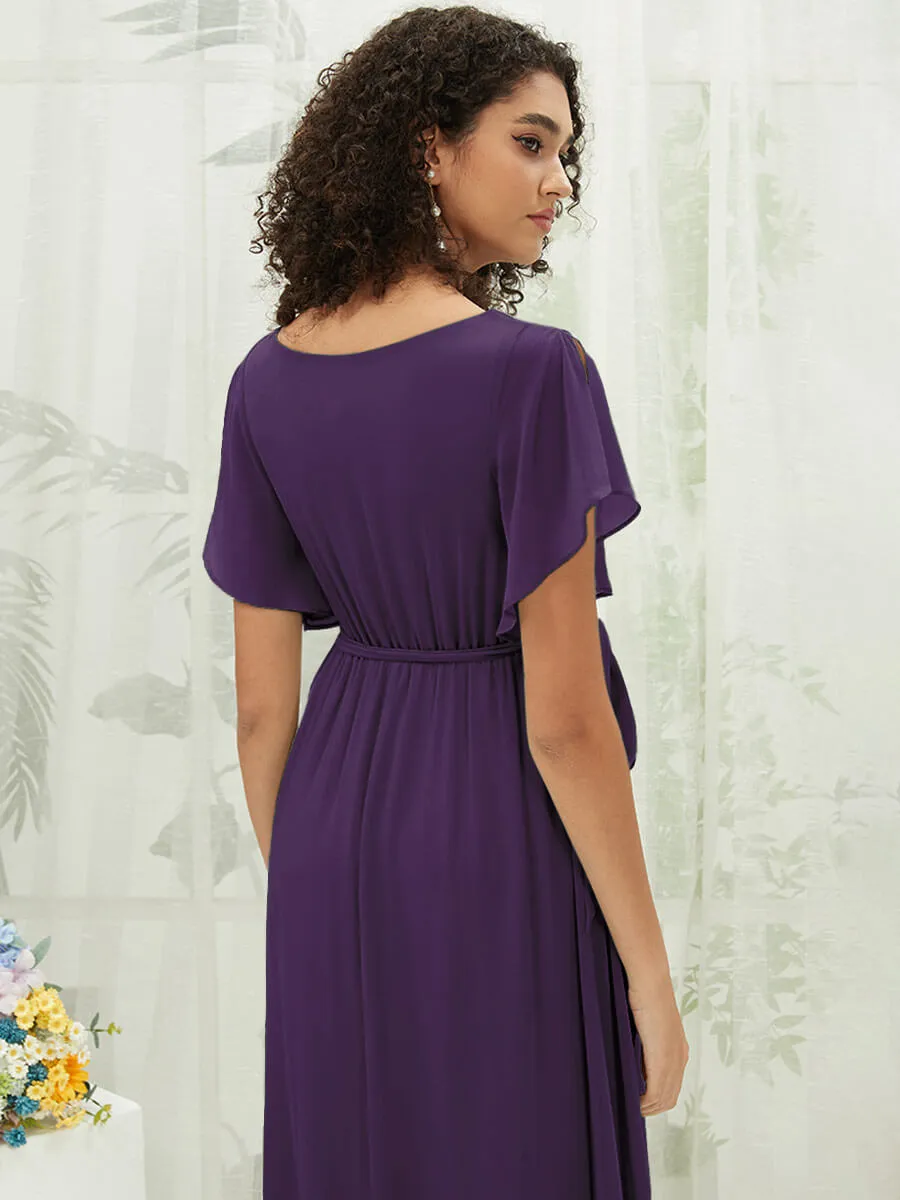 [Final Sale] Dark Purple Short Sleeves Floor Length Silky Chiffon Bridesmaid Dress