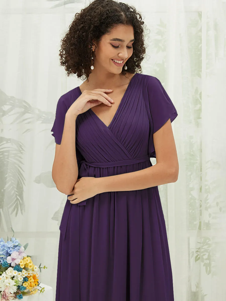 [Final Sale] Dark Purple Short Sleeves Floor Length Silky Chiffon Bridesmaid Dress