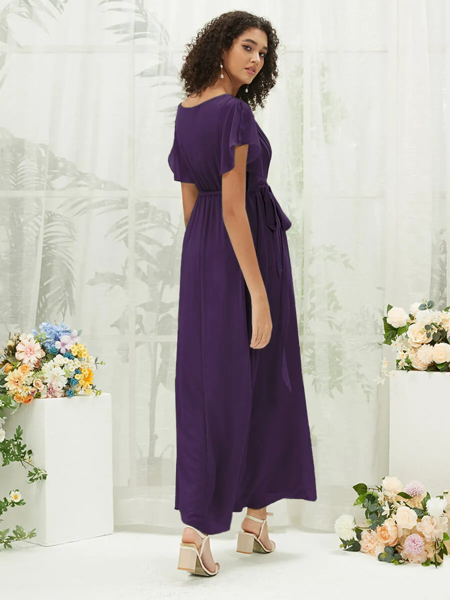 [Final Sale] Dark Purple Short Sleeves Floor Length Silky Chiffon Bridesmaid Dress