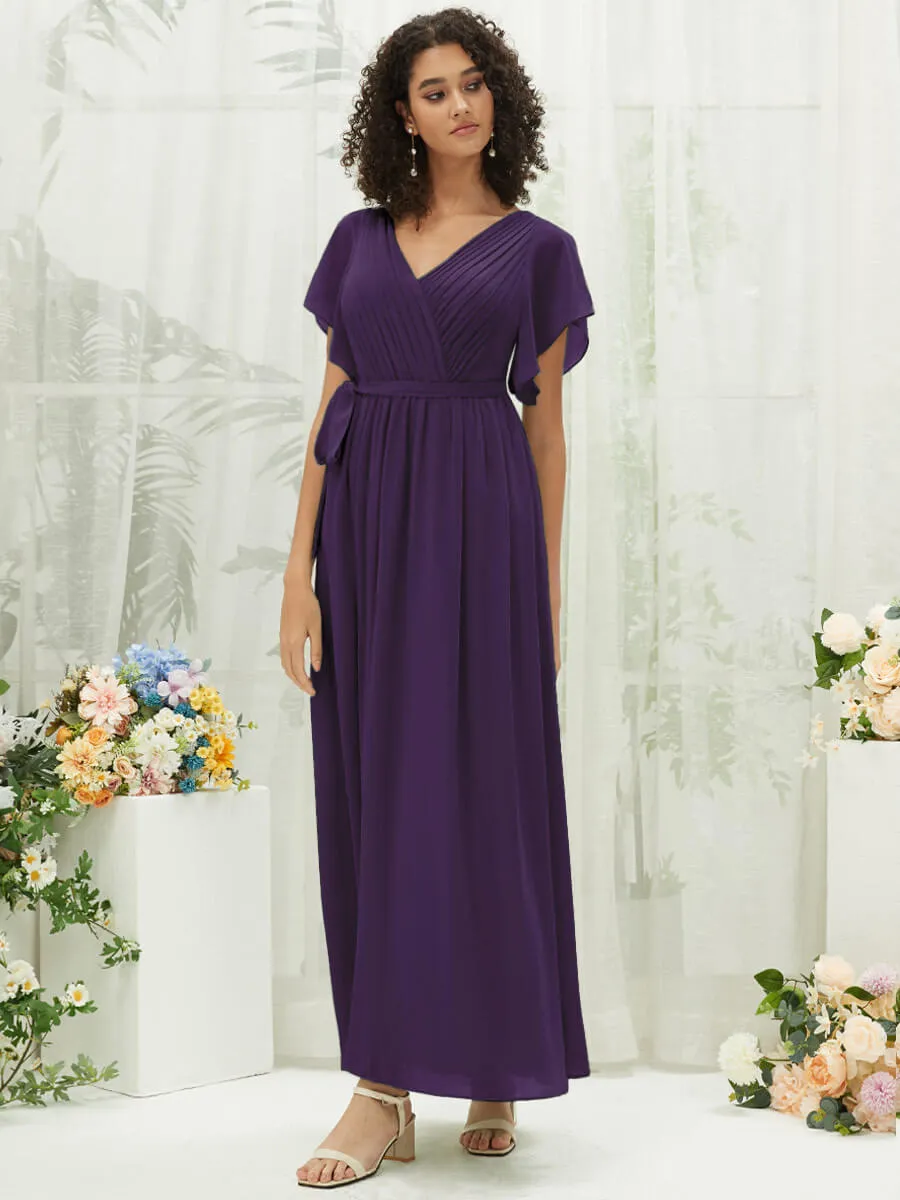 [Final Sale] Dark Purple Short Sleeves Floor Length Silky Chiffon Bridesmaid Dress