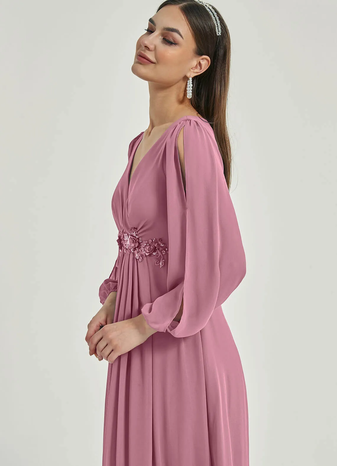 [Final Sale] Dusty Rose V-Neck Long Slit Sleeve Pleated Flowy Chiffon Formal Dress