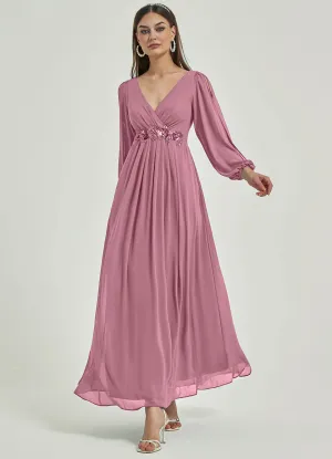 [Final Sale] Dusty Rose V-Neck Long Slit Sleeve Pleated Flowy Chiffon Formal Dress