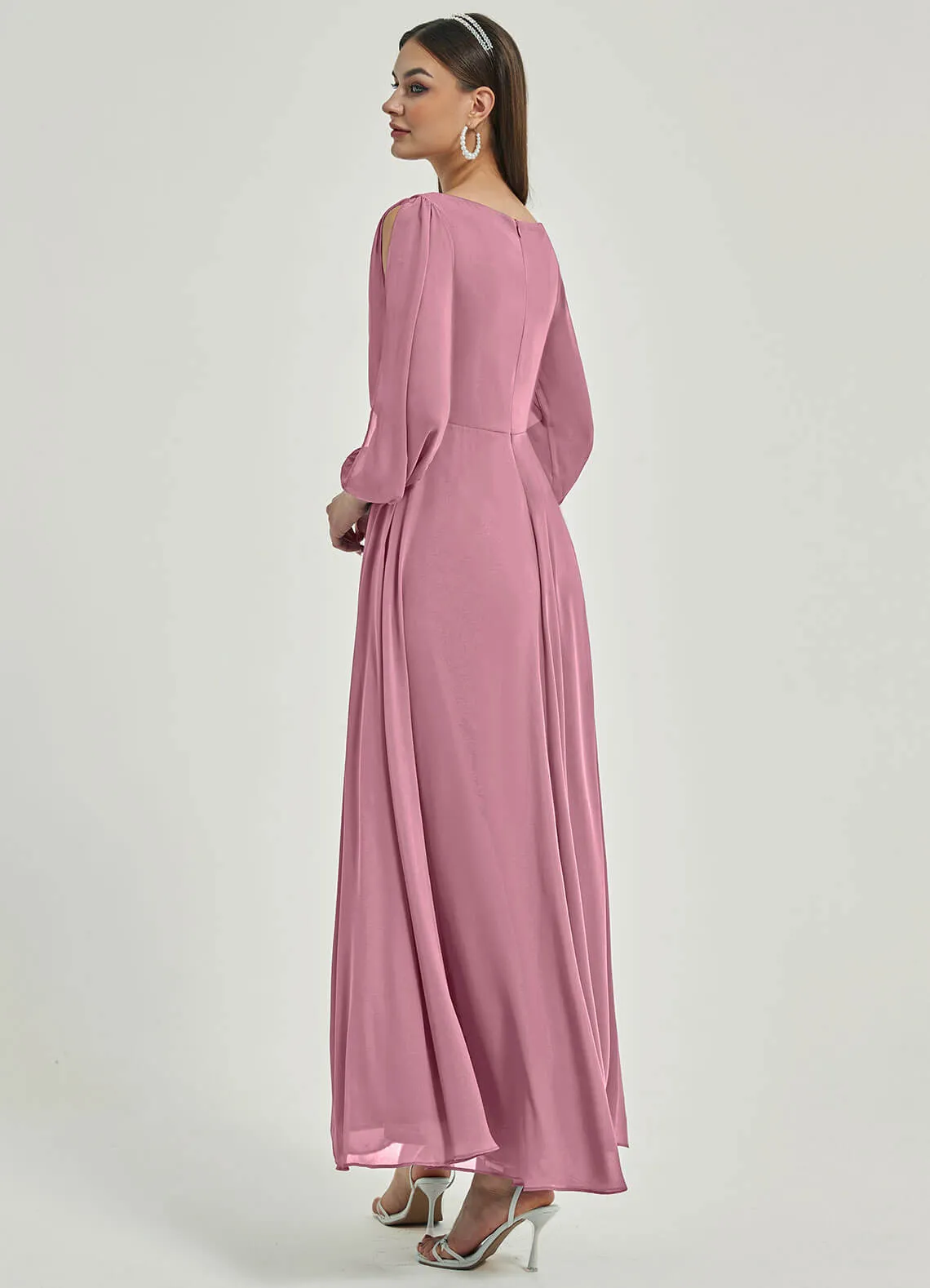 [Final Sale] Dusty Rose V-Neck Long Slit Sleeve Pleated Flowy Chiffon Formal Dress