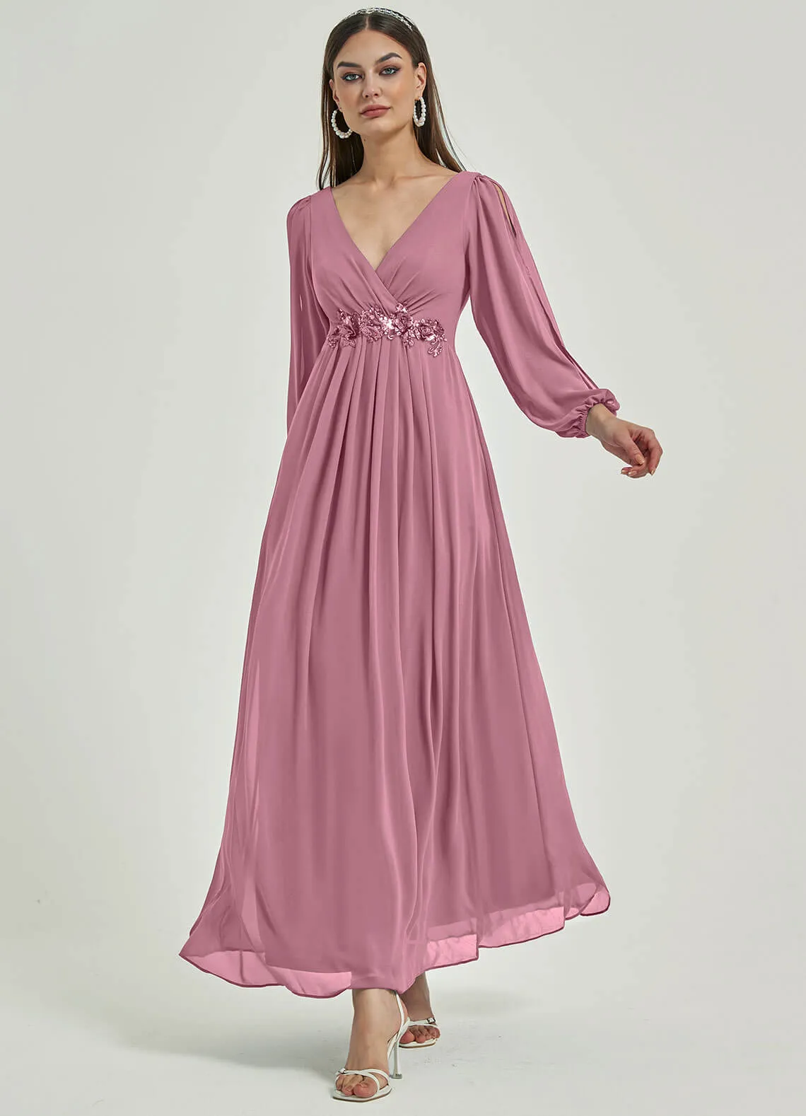 [Final Sale] Dusty Rose V-Neck Long Slit Sleeve Pleated Flowy Chiffon Formal Dress
