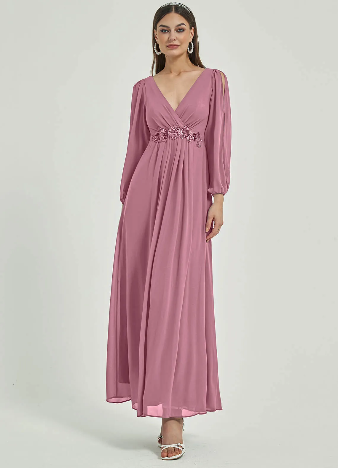 [Final Sale] Dusty Rose V-Neck Long Slit Sleeve Pleated Flowy Chiffon Formal Dress
