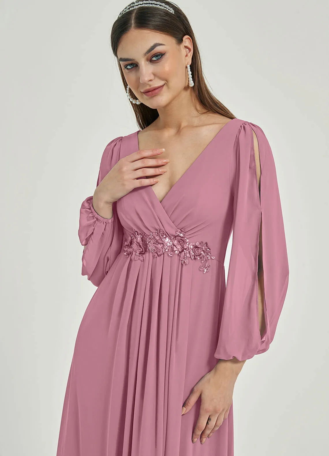 [Final Sale] Dusty Rose V-Neck Long Slit Sleeve Pleated Flowy Chiffon Formal Dress