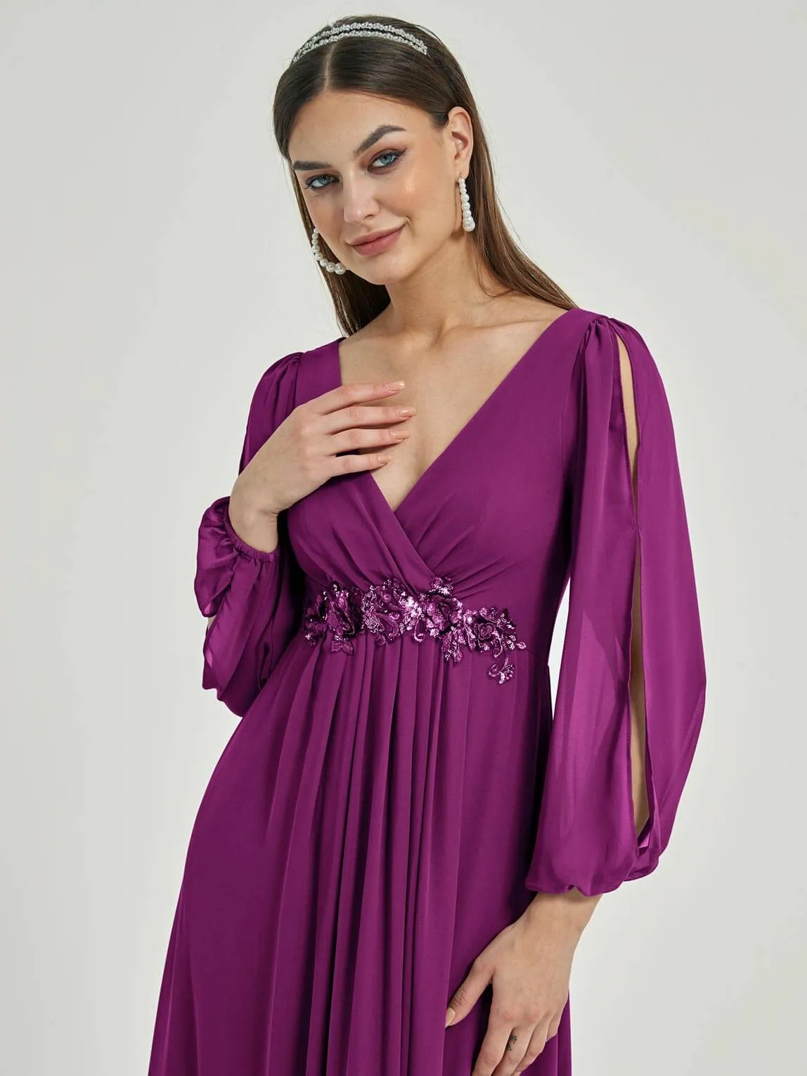 [Final Sale] Orchid V-Neck Long Slit Sleeve Pleated Flowy Chiffon Formal Dress