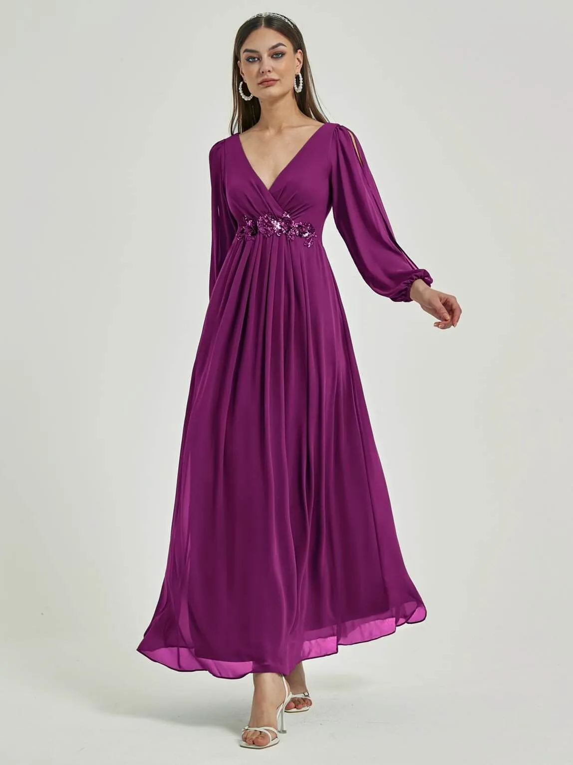 [Final Sale] Orchid V-Neck Long Slit Sleeve Pleated Flowy Chiffon Formal Dress