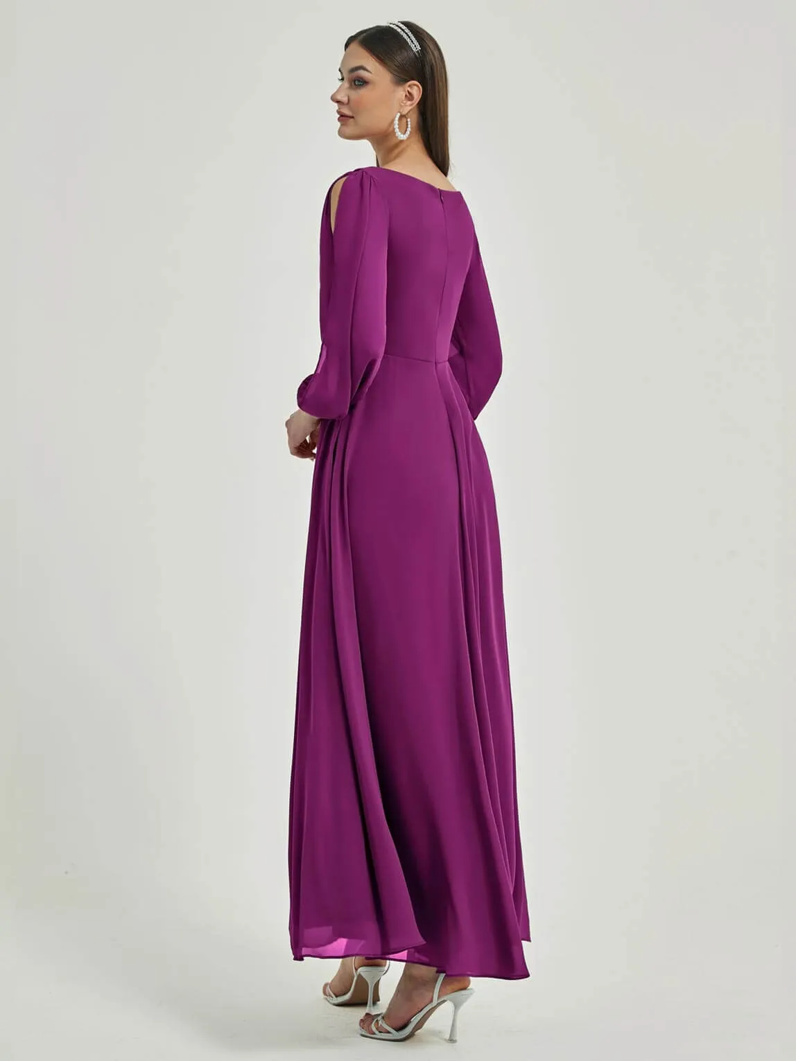 [Final Sale] Orchid V-Neck Long Slit Sleeve Pleated Flowy Chiffon Formal Dress