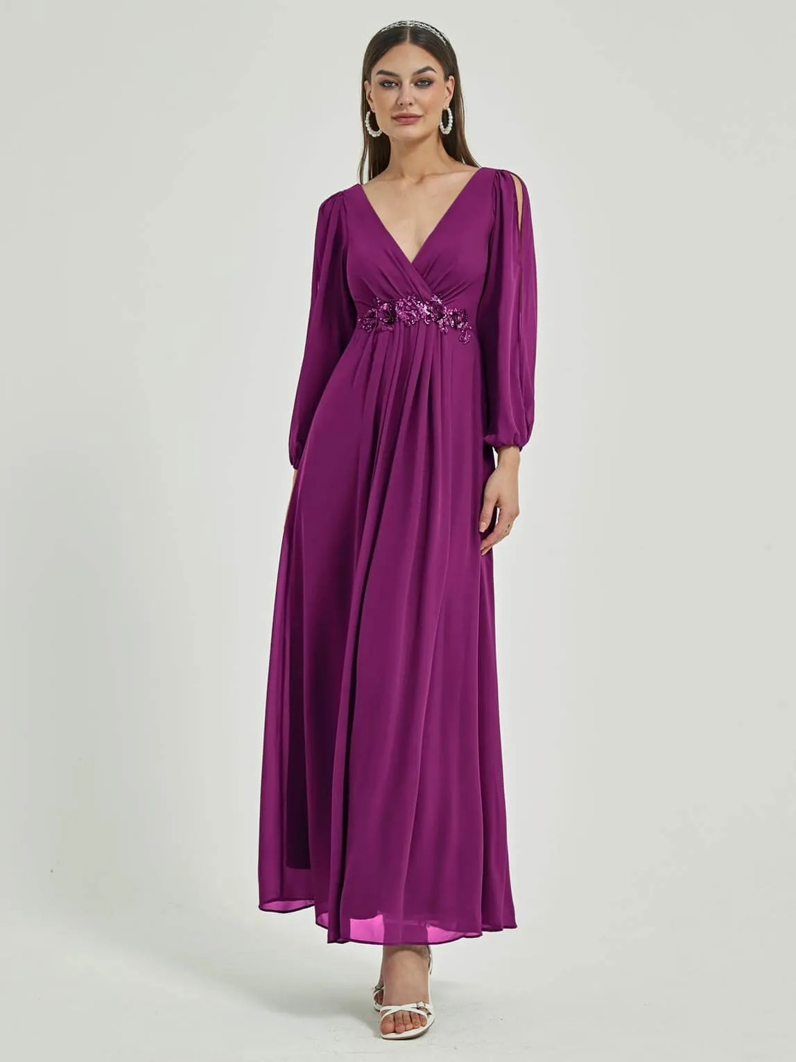 [Final Sale] Orchid V-Neck Long Slit Sleeve Pleated Flowy Chiffon Formal Dress