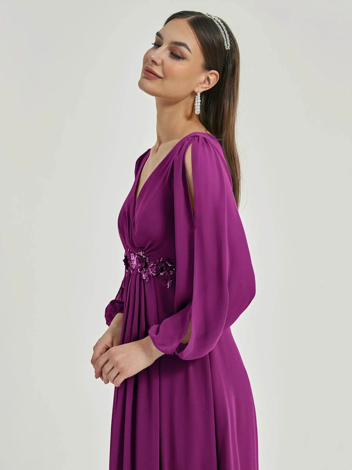 [Final Sale] Orchid V-Neck Long Slit Sleeve Pleated Flowy Chiffon Formal Dress