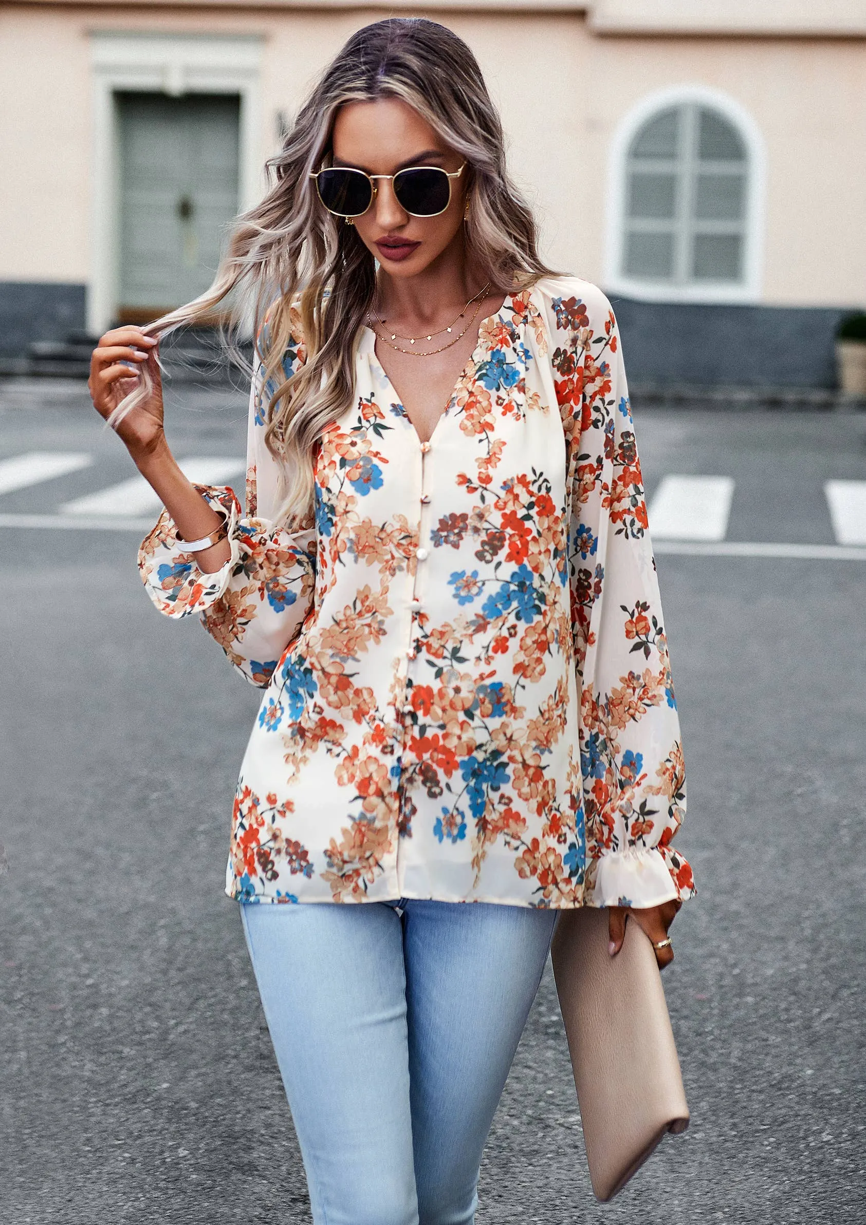 Floral Button Down Poet Sleeve Blouse