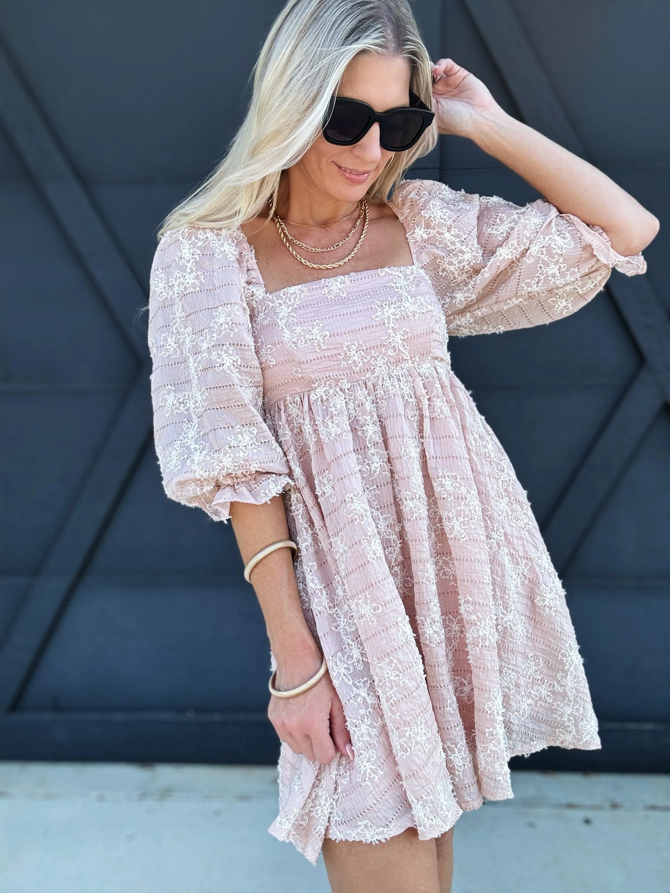 Floral Embroidered Baby Doll Mini Dress in Light Pink