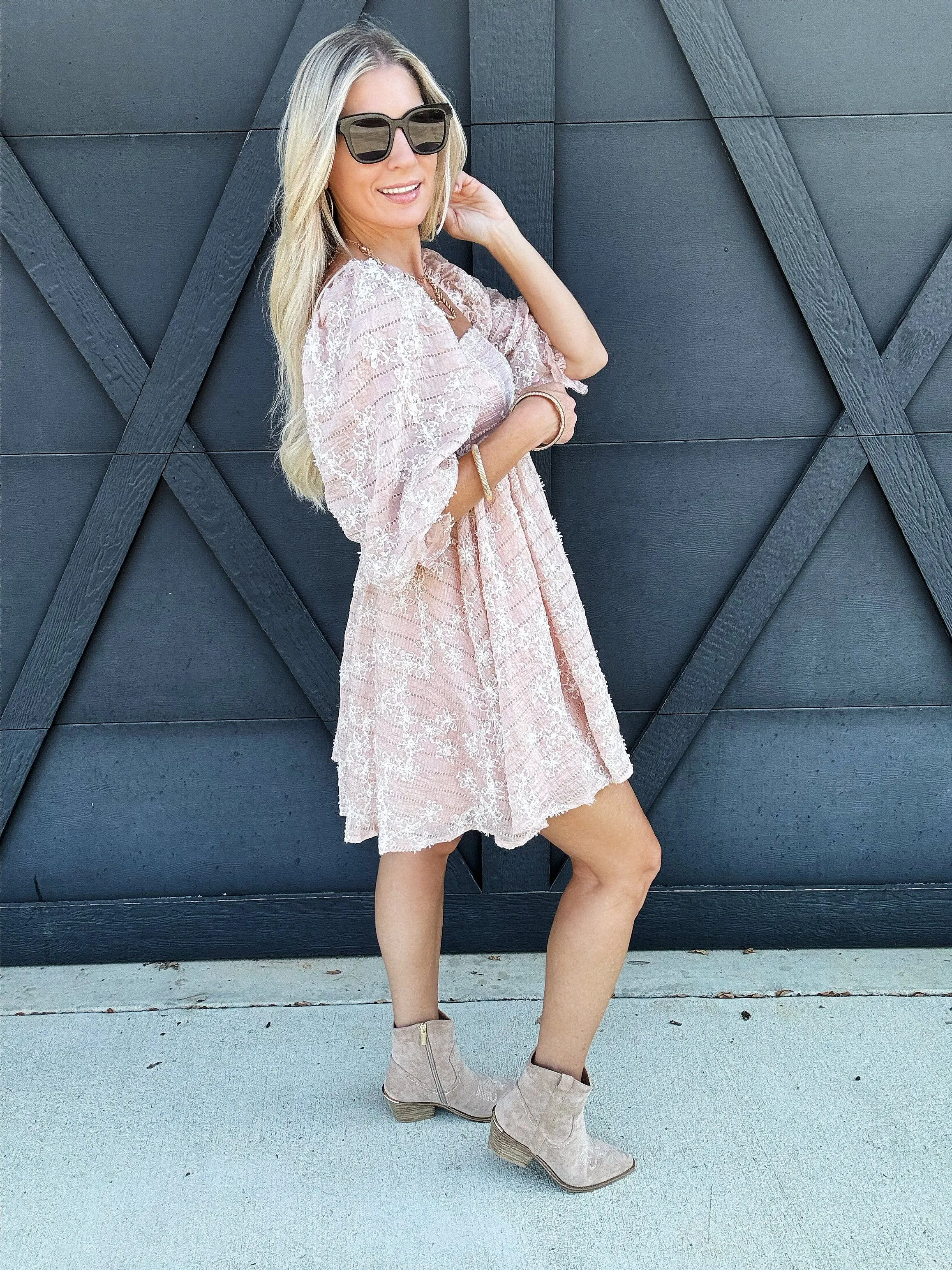 Floral Embroidered Baby Doll Mini Dress in Light Pink