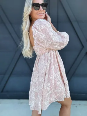 Floral Embroidered Baby Doll Mini Dress in Light Pink