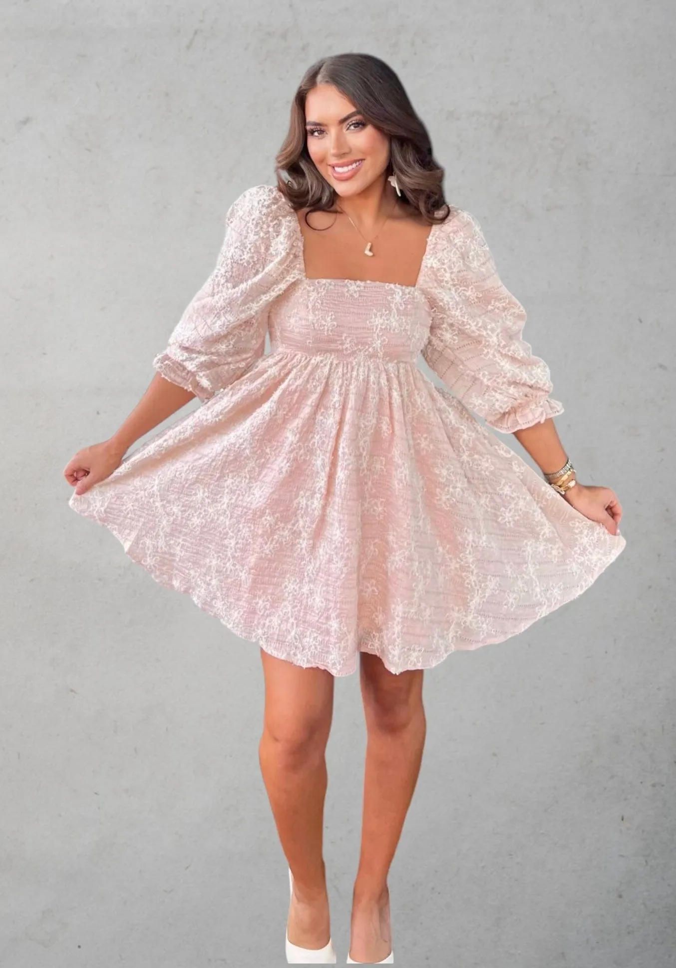 Floral Embroidered Baby Doll Mini Dress in Light Pink