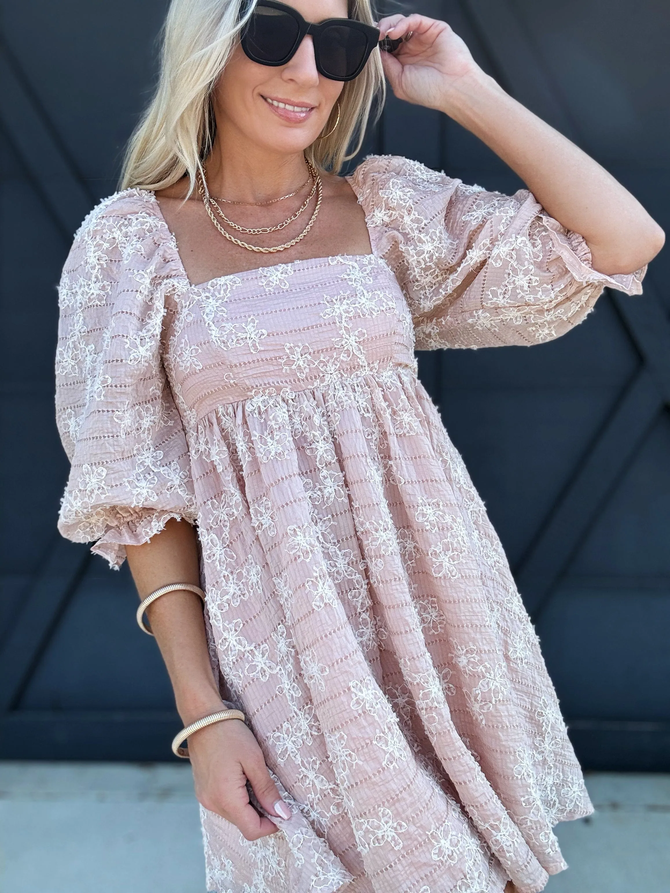 Floral Embroidered Baby Doll Mini Dress in Light Pink