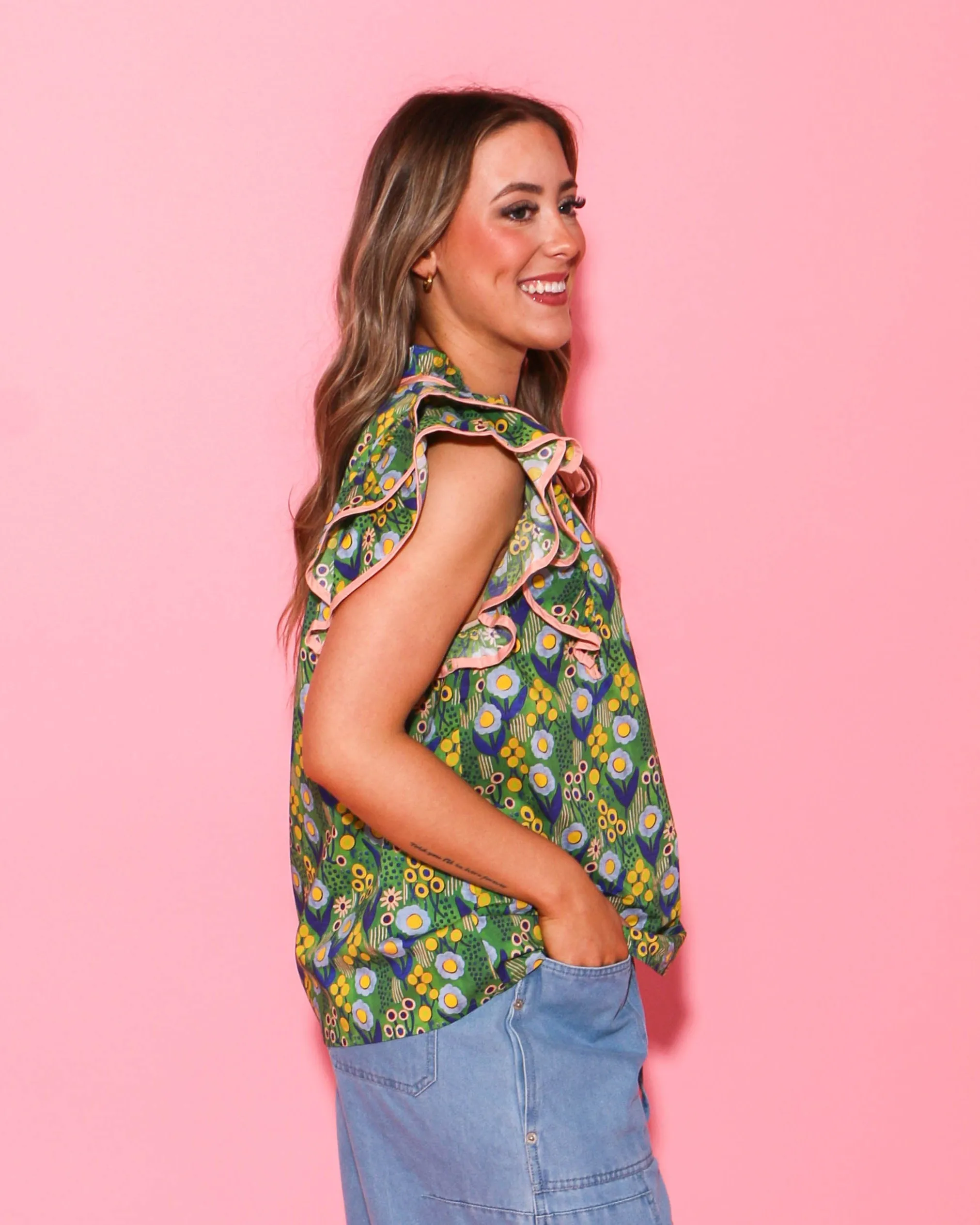 Floral Print Double Ruffle Sleeve V-Neck Top