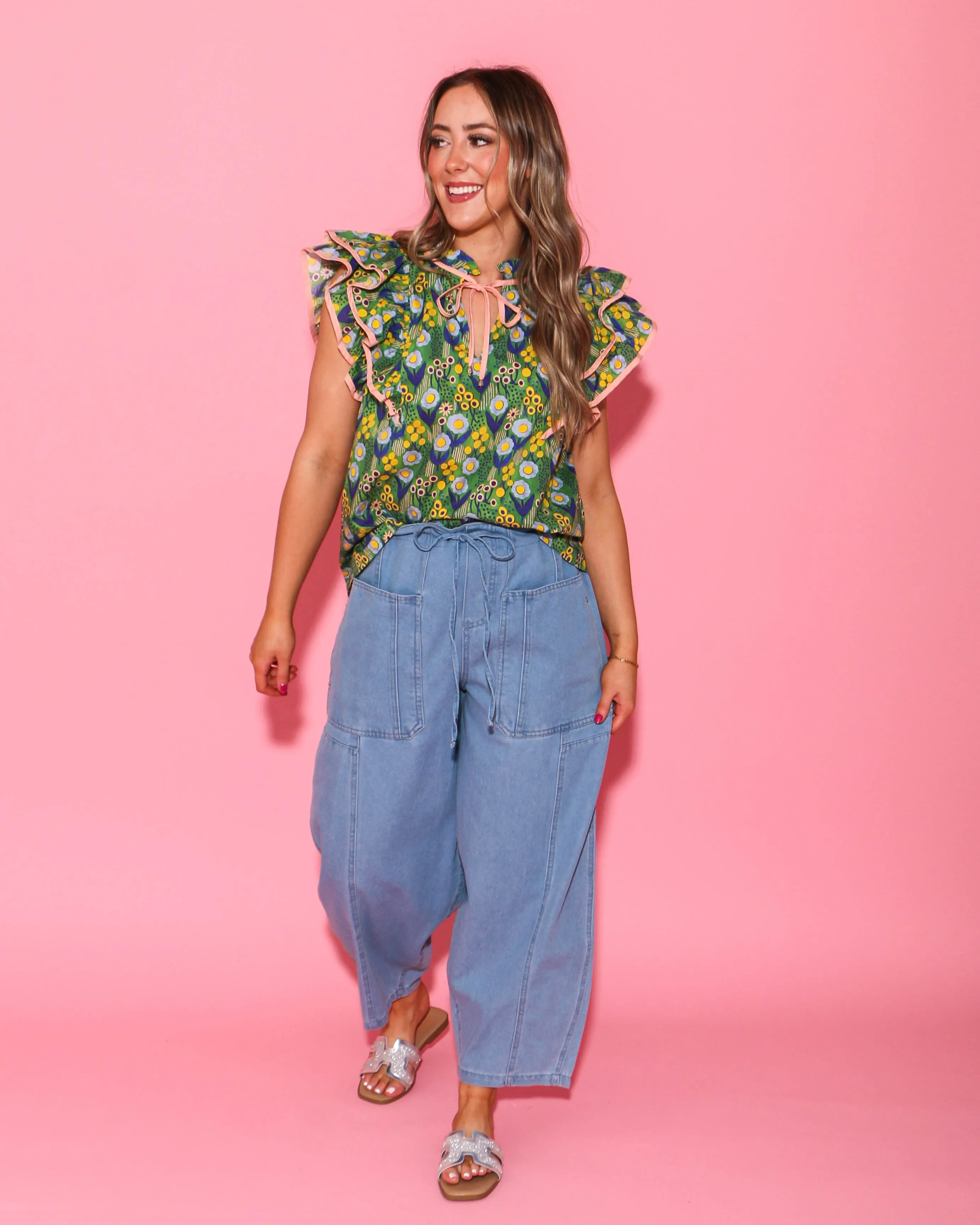 Floral Print Double Ruffle Sleeve V-Neck Top