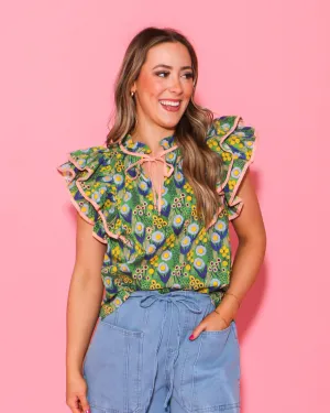 Floral Print Double Ruffle Sleeve V-Neck Top