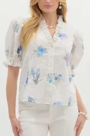 Floral Print Eyelet Puff Sleeve Top (EO)