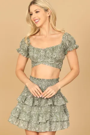 FLORAL PUFF SLEEVE CROSS CROP TOP & RUFFLE SKIRT SET
