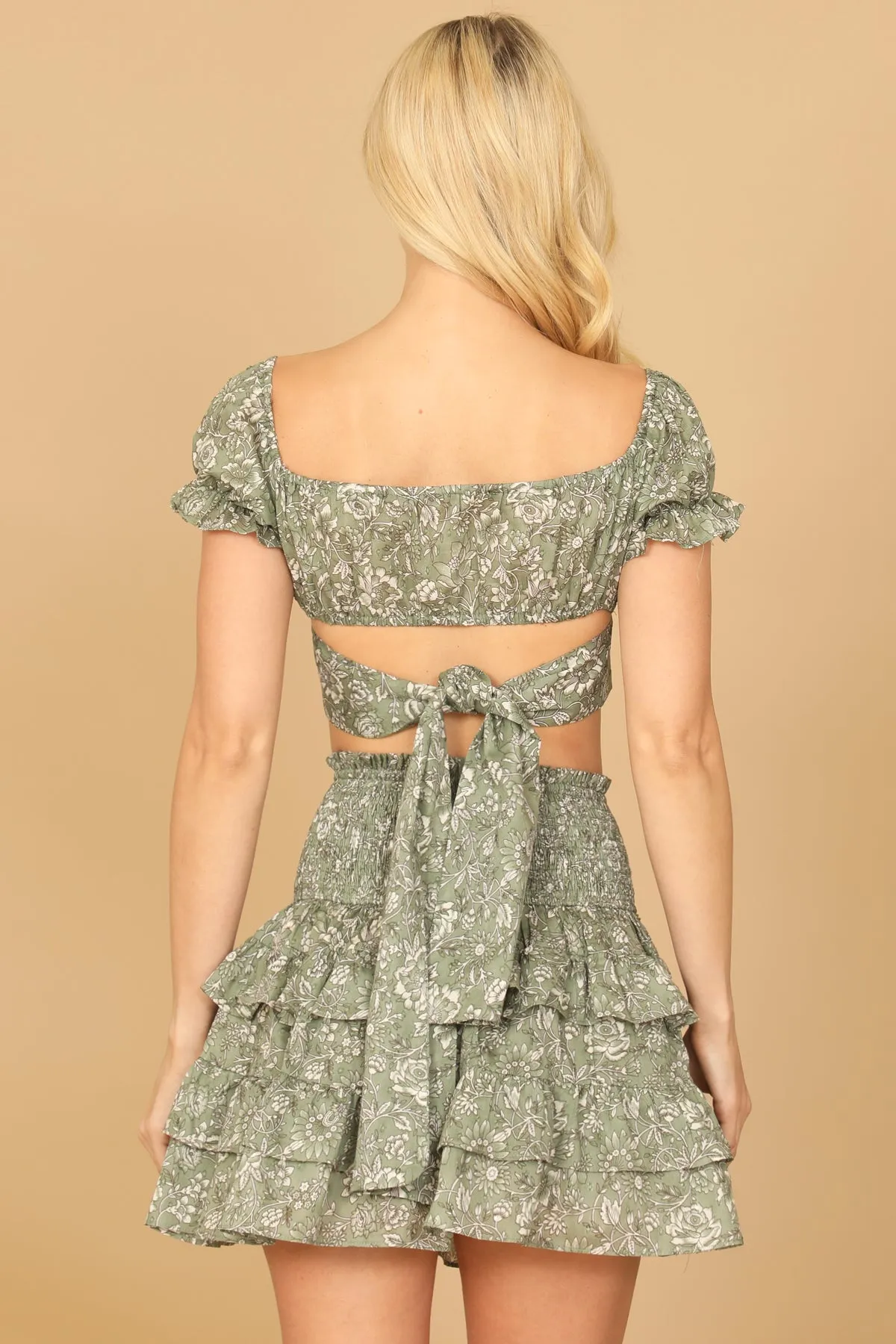 FLORAL PUFF SLEEVE CROSS CROP TOP & RUFFLE SKIRT SET